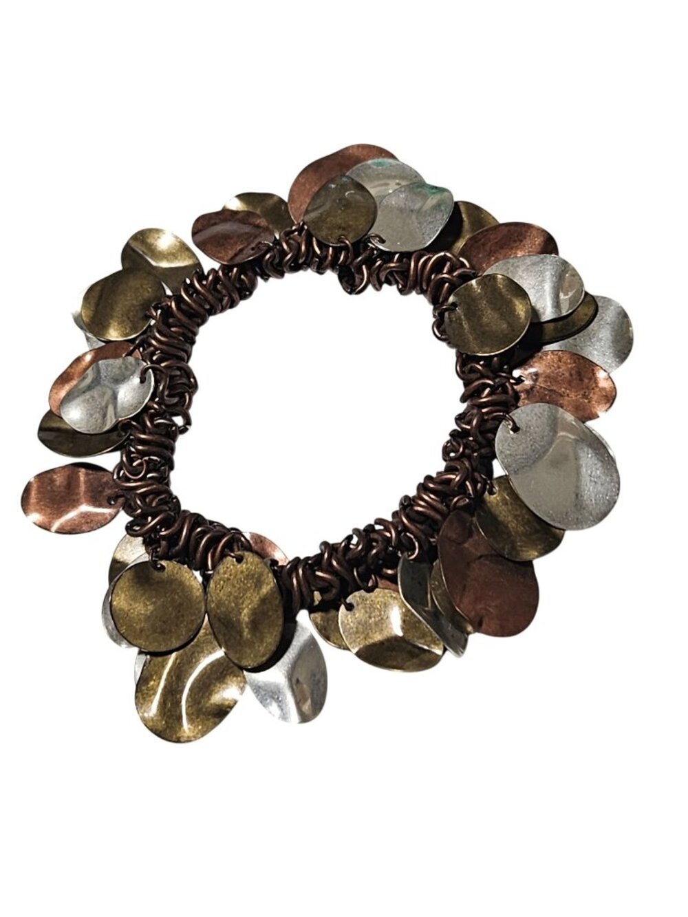 Handcrafted Multi Tone Metal Disc Bracelet Chunky Copper Boho Chic Chain Jewelry